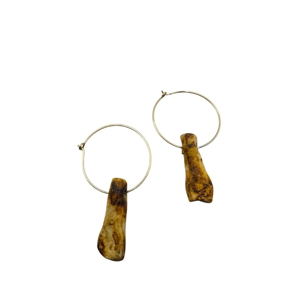 Boho Bone Drop Hoop Earrings Carved Organic Pendant Gold Tone